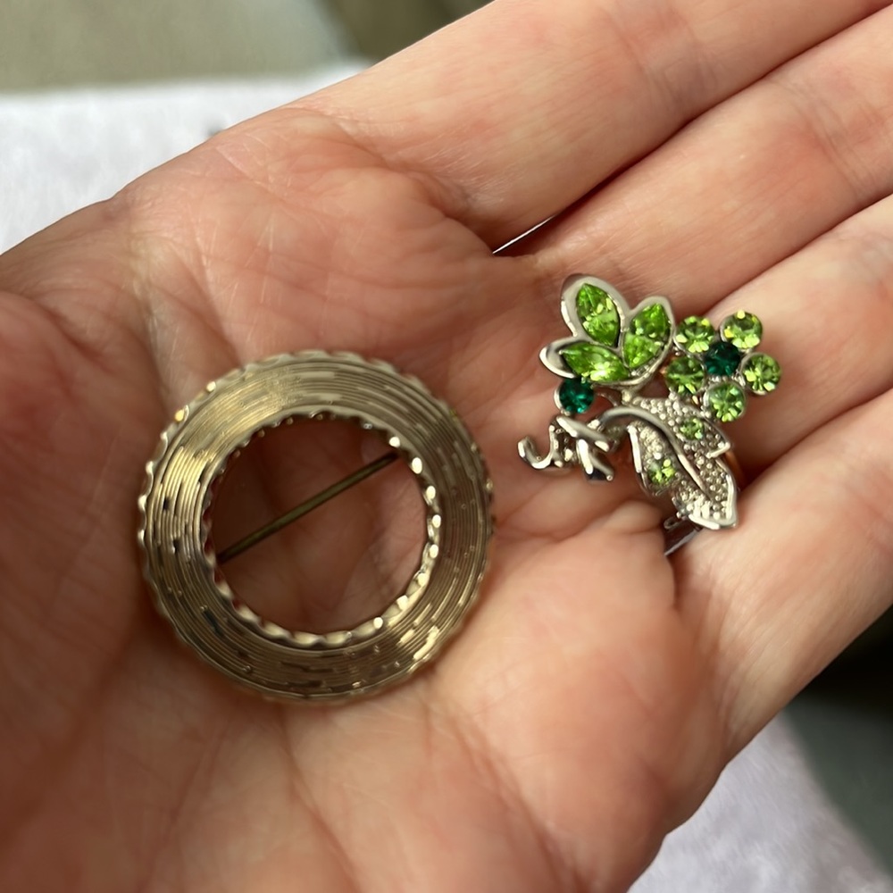 2 Small Broaches - Silver Circle & Green Floral
